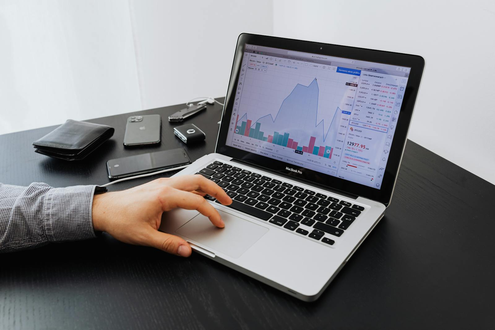 Person analysing financial graphs on a laptop with devices on a desk