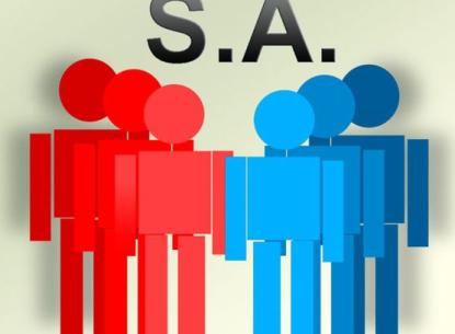 Illustration of red and blue abstract figures under the letters S.A on a neutral background depicting team dynamics