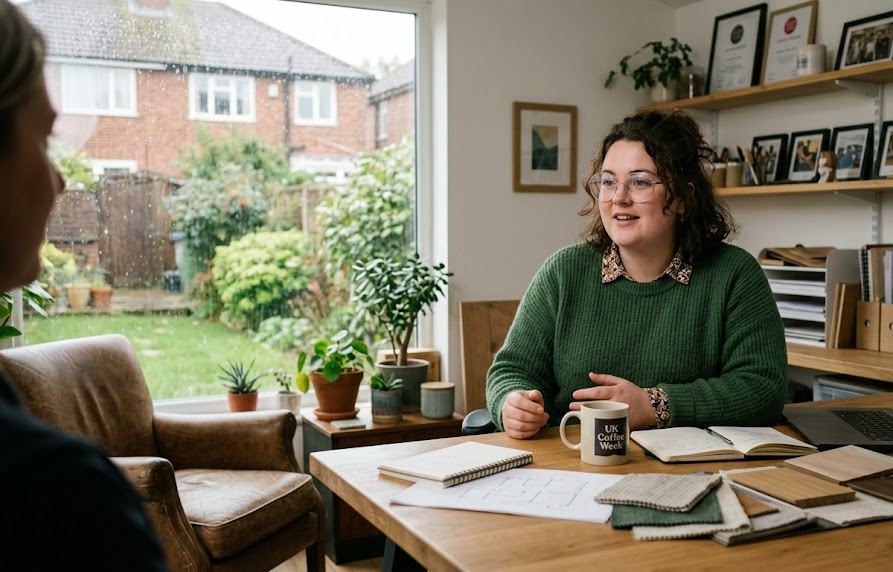 Woman in a cosy home office, sitting at a desk with a coffee mug, surrounded by plants and notebooks