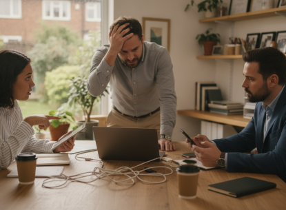 Colleagues having a tense discussion at a workspace with laptops