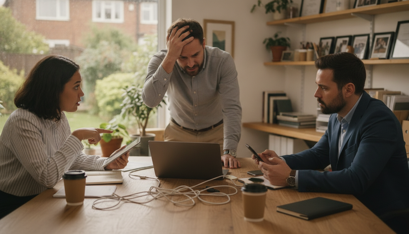 Colleagues having a tense discussion at a workspace with laptops